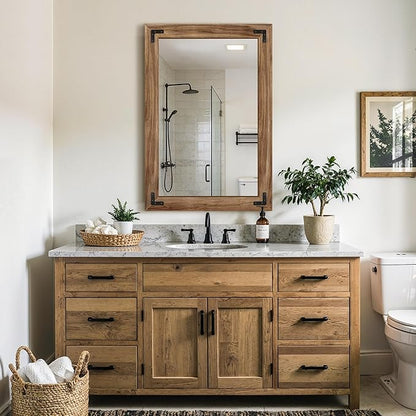 Wood Bathroom Mirror for Wall, 26"x38" Rustic Farmhouse Wood Framed Mirror for Bathroom Sink, Entryway, Living Room, Bedroom