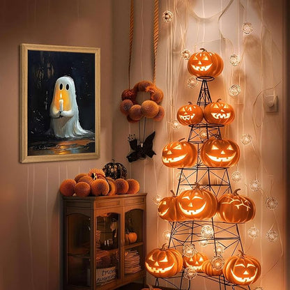 Framed Vintage Halloween Ghost Wall Art - Spooky Candle Ghost Fall Texture Pictures Wall Decor for Living Room, Kids Room, Halloween Bedroom or Party 12x16 inch