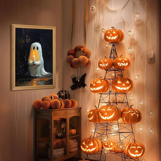 Framed Vintage Halloween Ghost Wall Art - Spooky Candle Ghost Fall Texture Pictures Wall Decor for Living Room, Kids Room, Halloween Bedroom or Party 12x16 inch