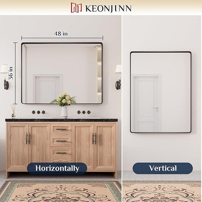 Keonjinn Black Bathroom Mirror for Over Sink, 48” x 36” Large Matte Black Vanity Mirror, Tempered Glass Rectangle Farmhouse Mirrors, Modern Decorative Mirror with Sandblasted Finish, Seamless Frame