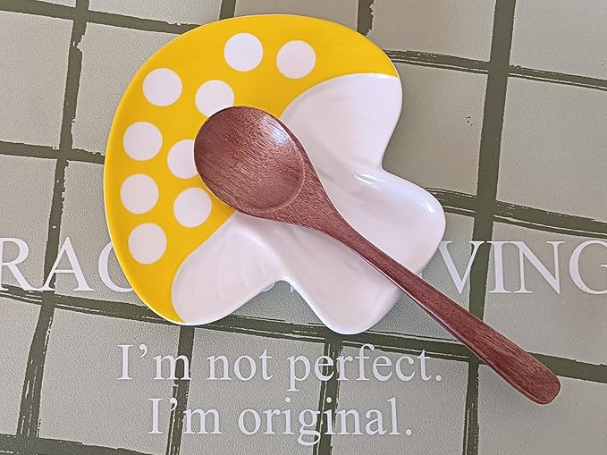 Ceramic Spoon Rest for Stove Top & Kitchen Counter Spoon Holder for Stove & Cooking Spoon Holder for Ladle Cute Spoon & Utensil Rest Tong Spatula Rest, Mushroom Kitchen Decor & Accessories (Yellow)