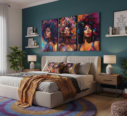 3Pcs African American Women Canvas Wall Art Colorful Graffiti Afro Girl Painting Modern Abstract Aesthetic Pictures Wall Decor Posters Print Artwork for Living Room Bedroom Home Decoration