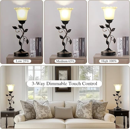 Set of 2 Touch Bedside Vintage Lamps with 2 USB Ports, 3-Way Dimmable Flower Lamps, White Glass Shade Rustic Leaf Lamp for Bedroom Side Table, LED Bulb Included