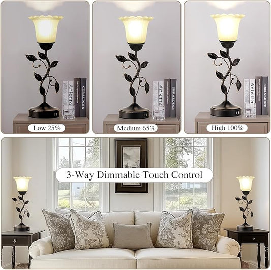 Set of 2 Touch Bedside Vintage Lamps with 2 USB Ports, 3-Way Dimmable Flower Lamps, White Glass Shade Rustic Leaf Lamp for Bedroom Side Table, LED Bulb Included