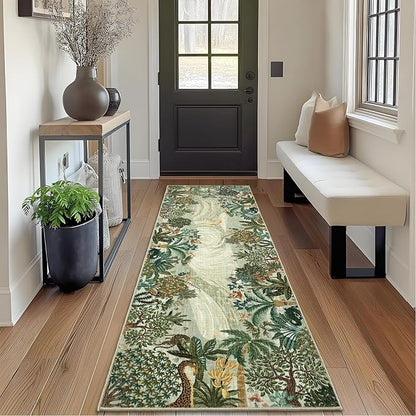 GarveeHome 2x6 Jungle Washable Runner Rug for Kitchen, Soft Animal Print Hallway Runner Non Slip Green Entryway Rug Farmhouse Laundry Mat Stain Resistant Carpet for Bedroom Bathroom