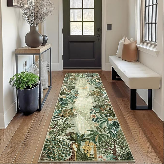 GarveeHome 2x6 Jungle Washable Runner Rug for Kitchen, Soft Animal Print Hallway Runner Non Slip Green Entryway Rug Farmhouse Laundry Mat Stain Resistant Carpet for Bedroom Bathroom