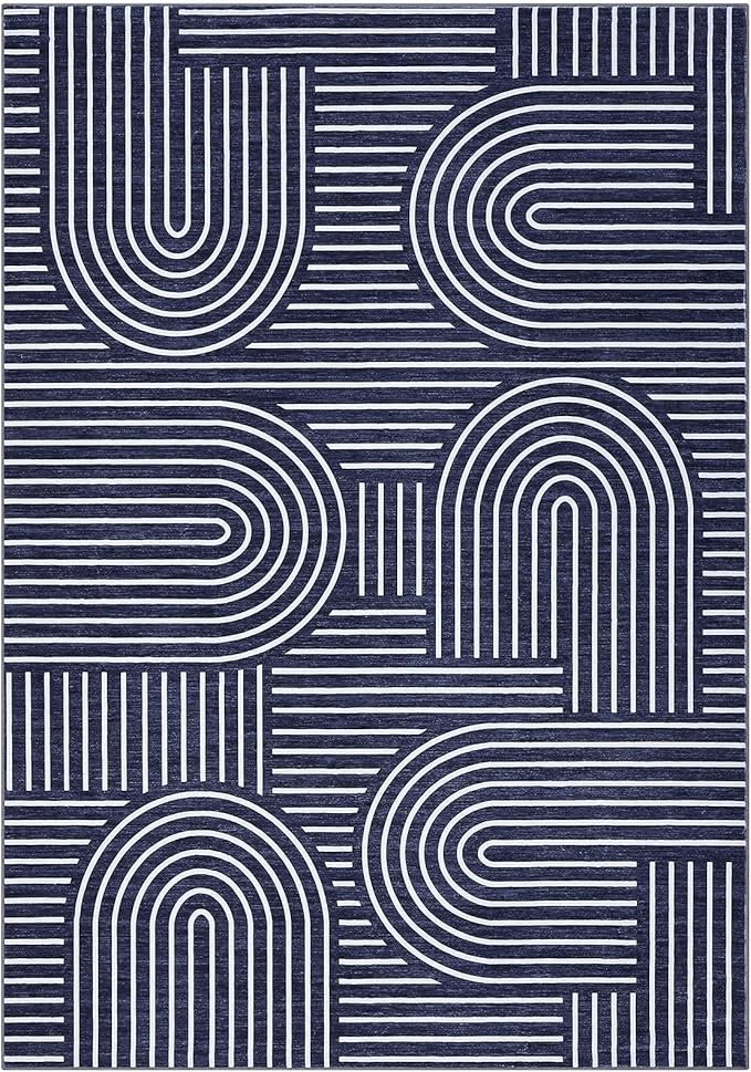 ROYHOME Washable Rug 4x6 Area Rugs for Living Room, Abstract Rug for Bedroom, Soft Rainbow Non Slip Throw Rugs with Rubber Back, Low Pile Stain Resistant Boho Geometric Carpet for Dining Room, Blue