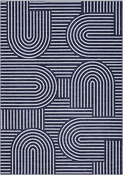 ROYHOME Washable Rug 4x6 Area Rugs for Living Room, Abstract Rug for Bedroom, Soft Rainbow Non Slip Throw Rugs with Rubber Back, Low Pile Stain Resistant Boho Geometric Carpet for Dining Room, Blue