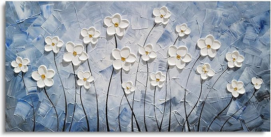 YHSKY ARTS Floral Canvas Wall Art Hand Painted Blue and White Heavy Textured Painting Modern Abstract Flower Pictures Contemporary Artwork for Living Room Bedroom Office Decoration