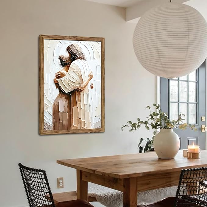 Wood Framed Jesus Embracing Woman Canvas Wall Art, Safe in His Arms Pictures Canvas Print Posters Wall Decor, Christian Wall Art Home Decor for Living & Prayer Room 24x36 inch