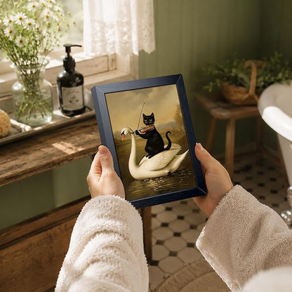 Funny Cat Wall Art Painting, Vintage Black Cat Playing Violin on Swan Wall Decor, Whimsical Animal Canvas Poster Print Picture for Bathroom Bedroom Apartment Decor 8x10 Inch Framed