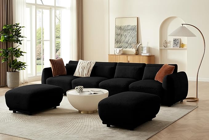 U Shaped Cloud Sectional, Convertible L Shaped Couch with Removable Ottomans,Modular Cloud Couch Sectional for Living Room (4 Set + 2 Ottomans - Black)