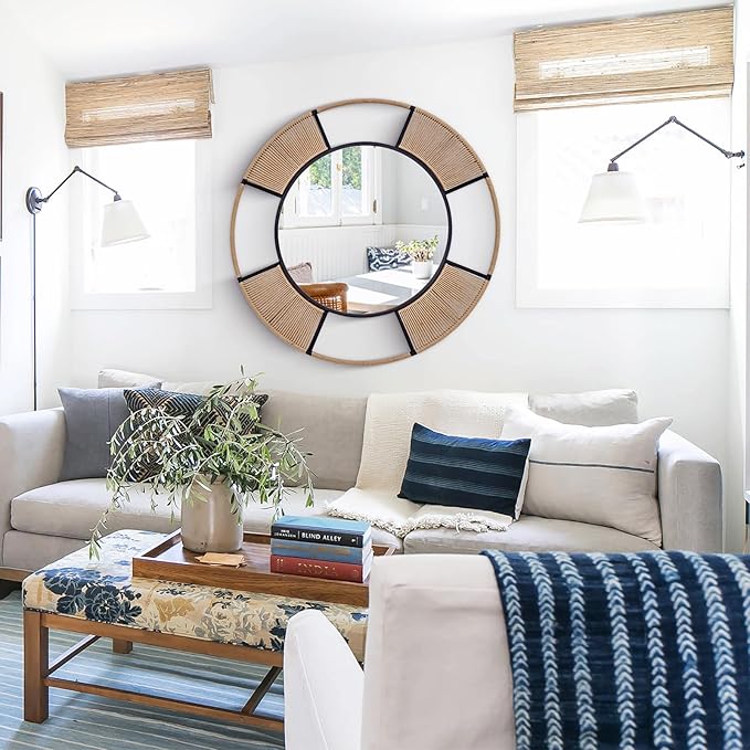 42'' Coastal Large Round Rope Mirror, Nautical Mirror with Detachable Rattan & Black Metal Frame, Farmhouse Mirrors for Rustic Boho Bathroom, Bedroom, Living Room, or Entryway