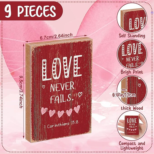 Yousoontic 9 Pcs Christian Valentine's Day Decor Bible Verse Religious Jesus Table Decorations Wood Block Sign Rustic Valentines Love Tiered Tray Decor for Church Home Shelf Table Top(Vintage)