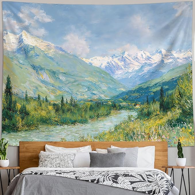Leeisysme Mountain Landscape Tapestry, Monet Nature Wall Art, Clouds Flowing River for Living Room Bedroom Classroom Dorm Decor, Green 60x80 inches