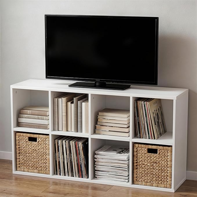 YESHOMY Modern TV Stand for Televisions up to 55 Inch, Mind Century Entertainment Center with 8 Open Shelves for 32/43/50/55 Inchs TVs, Media Furniture for Living Room, White