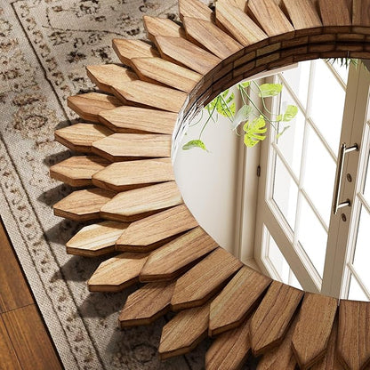 24 Inch Brown Boho Wall Decor Sunburst Mirror - Round Wooden Wall Decor, Handmade Rustic Circular Mirror for Living Room, Bedroom, Entryway, Office
