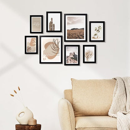 ArtbyHannah Gallery Wall Frame Set,Black Picture Frames Collage Wall Decor with Neutural Art for Living Room Stariway,8 Pack Assorted Size 8"x10",5"x7",4"x6", Small