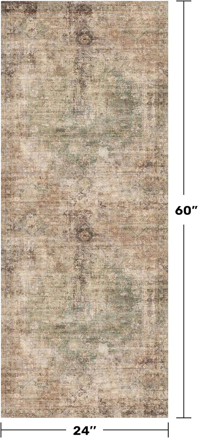Vintage 2x5 Runner Rugs for Indoor Entryway, Washable Farmhouse Kitchen Rugs, Entryway Indoor Runner for Bathroom, Green and Brown Home Office Floor Rug, Non-Slip Stain & Fade Resistant