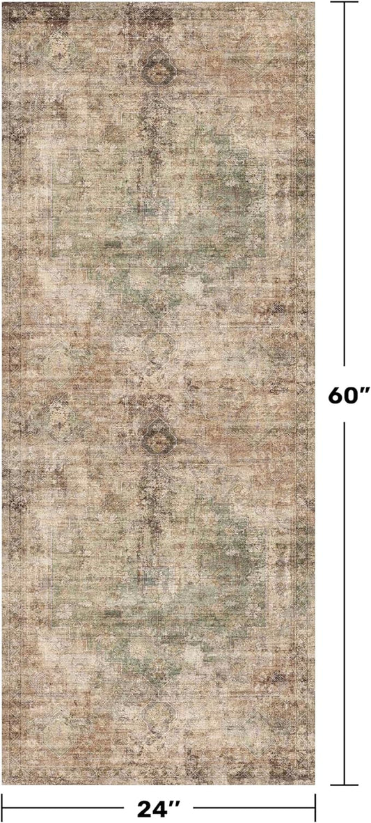 Vintage 2x5 Runner Rugs for Indoor Entryway, Washable Farmhouse Kitchen Rugs, Entryway Indoor Runner for Bathroom, Green and Brown Home Office Floor Rug, Non-Slip Stain & Fade Resistant
