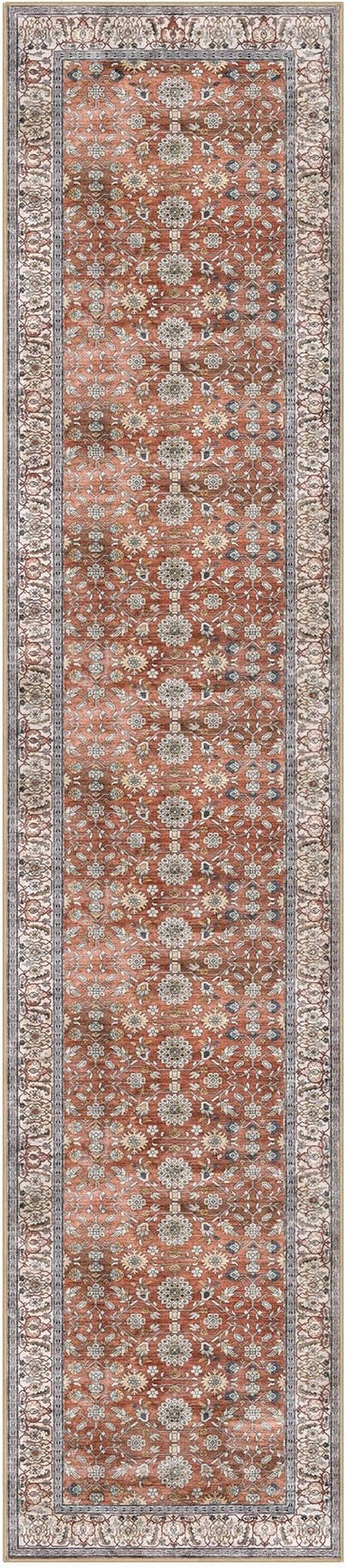 KUTA Vintage Long Runners for Hallways, 2.6x12 Red Clay Washable Non-Slip Kitchen Rugs Ultra Thin Soft Printed Distressed Oriental Floral Floor Carpet for Laundry Bedroom Living Room Nursery