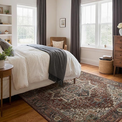 Kokia 8x10 Maroon Moody Area Rugs with Vintage Orient Design, Soft Washable Rug for Living Room or Bedroom, Non-Slip Low Pile Stain Resistance Features, Medallion Pattern