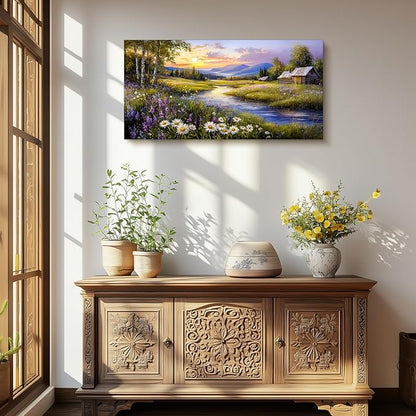 SERIMINO Large Wall Art for Living Room, River Landscape Wall Art, Meadow Wildflower Canvas Art Prints, Countryside Sunset Paintings Wall Decor for Bedroom, Farmhouse Kitchen Decor Pictures 24"X48"