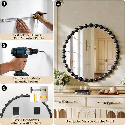 Round Vanity Mirror with Beaded Frame, 24 Inch Circle Wall Mirror for Bedroom Dresser, Entryway, Bathroom, Living Room, Decorative Hanging Wall Mirror, Black