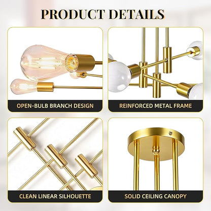 6-Light Sputnik Chandelier Gold, Mid-Century Modern Ceiling Light Fixture for Dining Room, Kitchen, Living Room, Bedroom