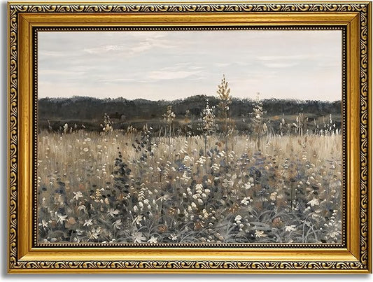 YD&YZY Gold Framed Vintage Wall Art Canvas Landscape Meadow with Flowers Farmhouse Wall Decor Rustic Modern Cottagecore Nature Painting Picture Print for Bedroom Home Decor 12x16 inch Framed