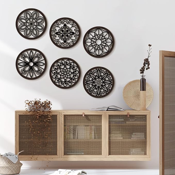 Ferraycle 6 Pieces Thicken Rustic Wall Decor Farmhouse Wall Art Wooden Round Art Hanging Decoration Hollow Carved for Living Room Bedroom Kitchen Office Apartment Hallway(Black Brown)