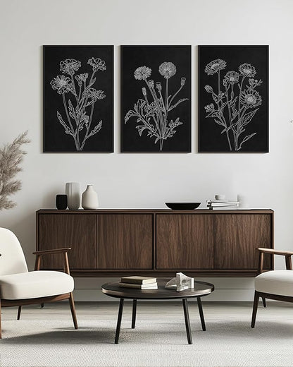 Drsoum Vintage Boho Botanical Flower Wall Art Framed Retro Floral Wall Prints Wildflower Neutral Rustic Bohemain Artwork Kitchen Bedroom Ready to Hang 24x36in Black Framed