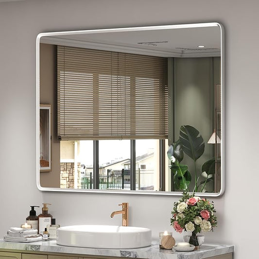 40x30 Silver Bathroom Mirror, Silver Vanity Mirror for Wall, Rounded Rectangle Mirror with Beveled Border, Anti-Rust, Shatterproof (Horizontal/Vertical)
