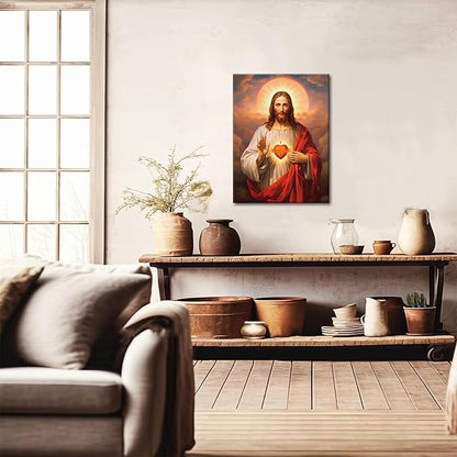 Jesus Sacred Heart Christian Wall Art, Divine Mercy Canvas Paintings Prints Posters Wall Decor, Christ Jesus Portrait Home Decor for Living Room Dining Room Prayer Room Decor 12x16 in Framed