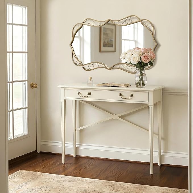 Besdomus Gold Bathroom Wall Mirror: 24"x48" Scalloped Modern Brass Gold Vanity Mirror for Wall - Farmhouse Decorative Vertical or Horizontal Hanging - Wall Decor for Living Room/Bedroom/Bathroom