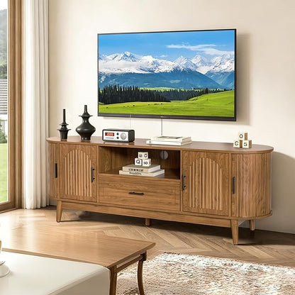 Mxtxmy 63" Fluted TV Stand for Tvs up to 70", Mid-Century Modern Entertainment Center with Drawers and Fluted Doors, Curved TV Media Console Table with Sliding Doors for Living Room, Bedroom (63")