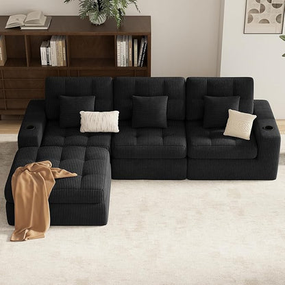 112" L Shaped Cloud Boneless Couch,Modern Modular Sectional Sofa with Layered Cushion,No Assembly Convertible Corduroy Couches for Living Room,Black 1 PCS