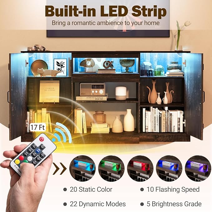 Tangkula 58”L Farmhouse LED TV Stand for TV up to 65 Inch, 32”H Tall Entertainment Center with 20 Color Led Lights, Media Console Table with Cubbies & Cabinets, Large Storage Cabinet for Living Room