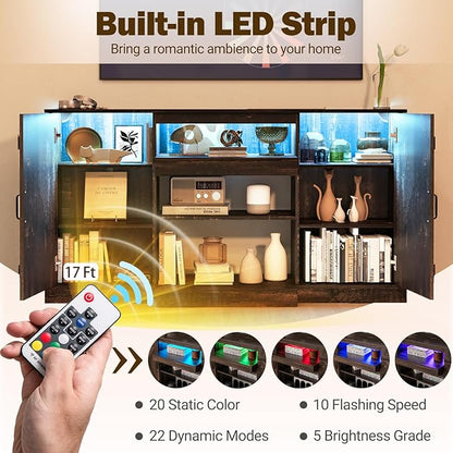 Tangkula 58”L Farmhouse LED TV Stand for TV up to 65 Inch, 32”H Tall Entertainment Center with 20 Color Led Lights, Media Console Table with Cubbies & Cabinets, Large Storage Cabinet for Living Room