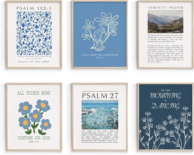 Habseligkeit Blue Flower Wall Art Prints, Retro Wall Decors for Room Aesthtic, Abstract Posters for Girls Bedroom Decor Aesthetic Unframed, 8X10in, Set of 6