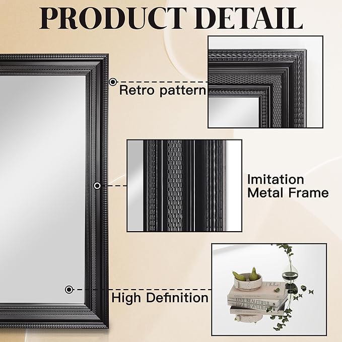 ROLOVE 24x35 Inch Antique Black Mirror for Wall, Vintage Wall Mirror, Ornate Baroque Style, Decorative Mantel Mirror for Fireplace, Entryway, Living Room, Waterproof Frame, Shatterproof Glass
