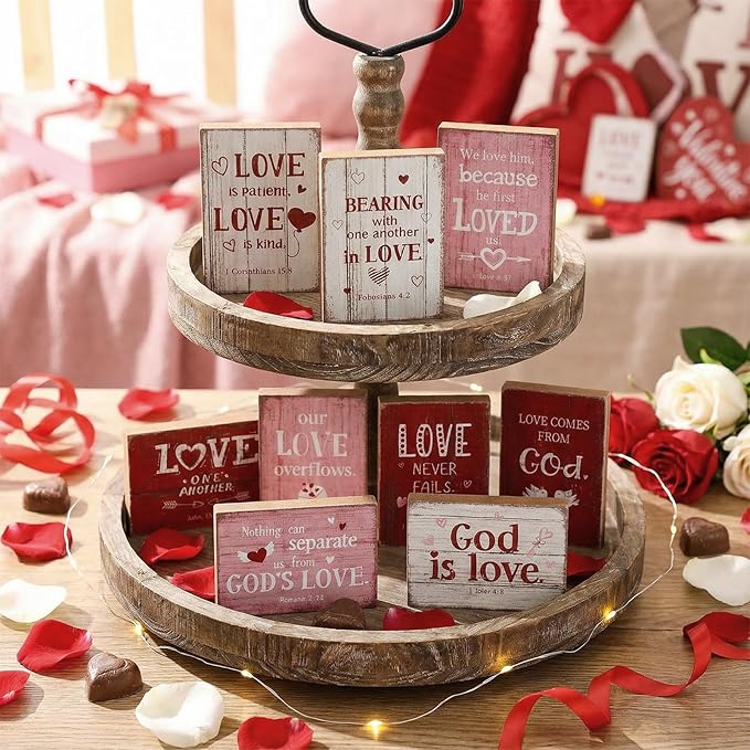 Yousoontic 9 Pcs Christian Valentine's Day Decor Bible Verse Religious Jesus Table Decorations Wood Block Sign Rustic Valentines Love Tiered Tray Decor for Church Home Shelf Table Top(Vintage)