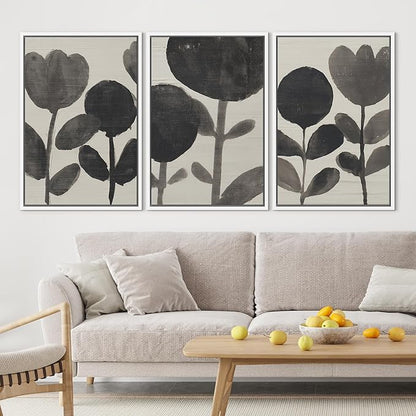 SIGNLEADER Framed Canvas Print Wall Art Set Black Ink Floral Silhouette Neutral Illustrations Minimal Decorative Bohemian Nordic for Living Room, Bedroom, Office - 24"x36"x3 WHITE