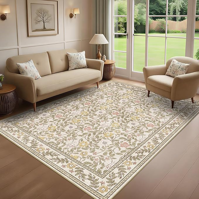 Floral Area Rug 5x7 Washable Vintage Non Slip Living Room Rug Soft Low Pile Stain Resistant Rugs for Girls Bedroom Dining Room Laundry Indoor, Beige/Multi