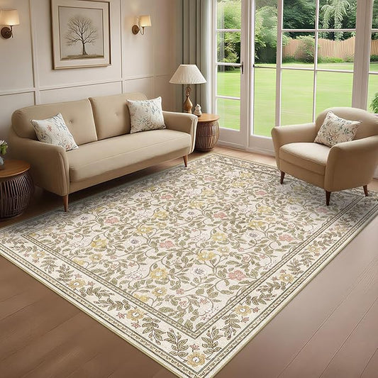 Floral Area Rug 5x7 Washable Vintage Non Slip Living Room Rug Soft Low Pile Stain Resistant Rugs for Girls Bedroom Dining Room Laundry Indoor, Beige/Multi