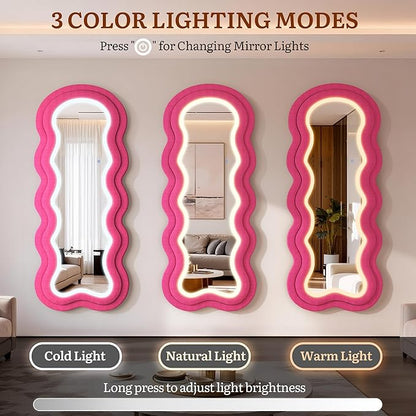Wavy Full Length Mirror, 63"×24" Irregular Full Body Mirror with 3-Color Adjustable Light, Luxury Velvet Frame Floor/Wall Mounted Mirror for Living Room/Bedroom/Dressing Room, Ideal for Girls