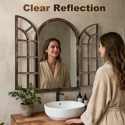 Arched Wall Mirror with Wood Window Frame, 36x24 Vintage Rustic Arch Farmhouse Mirror for Wall, Living Room, Bedroom, Entryway(Brown)