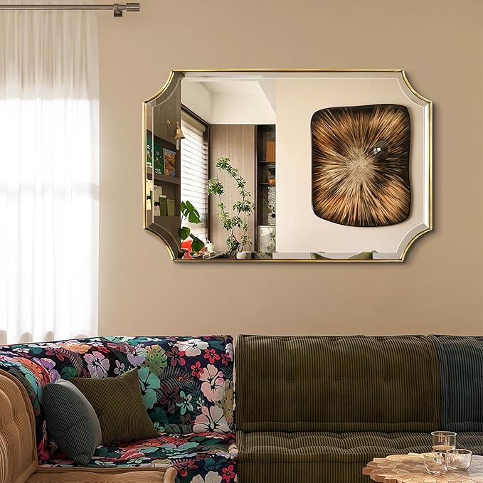 POZINO Rectangle Beveled Mirror, 24"x36" Brushed Gold Bathroom Vanity Mirror with Stainless Steel Frame, Aesthetic Wall Mirrors for Living Room Bedroom Hallway Entryway, Horizontal or Vertical Hanging