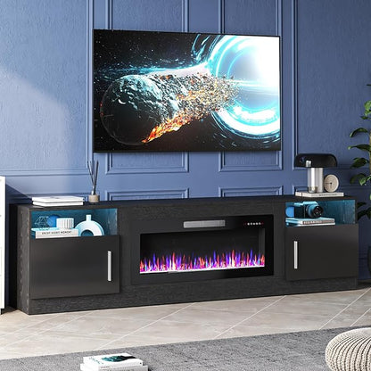 TAVATA Fireplace TV Stand, 80 inch TV Stands for Living Room with 36" Fireplace, Modern Entertainment Center with LED Light for TVs Up to 90", Media Console with Highlight Storage Cabinets (Black)