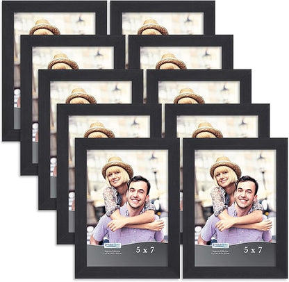 Icona Bay 5x7 Picture Frame Set (Black, 10 Pack), Simple Modern Design, Table Top Kickstand and Wall Hanging Hooks Included, Impresia Collection